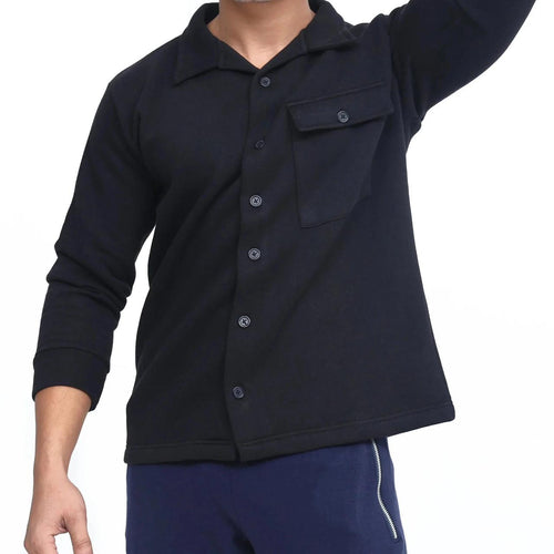 Men's Knit Overshirt Jacket Black Button-Down