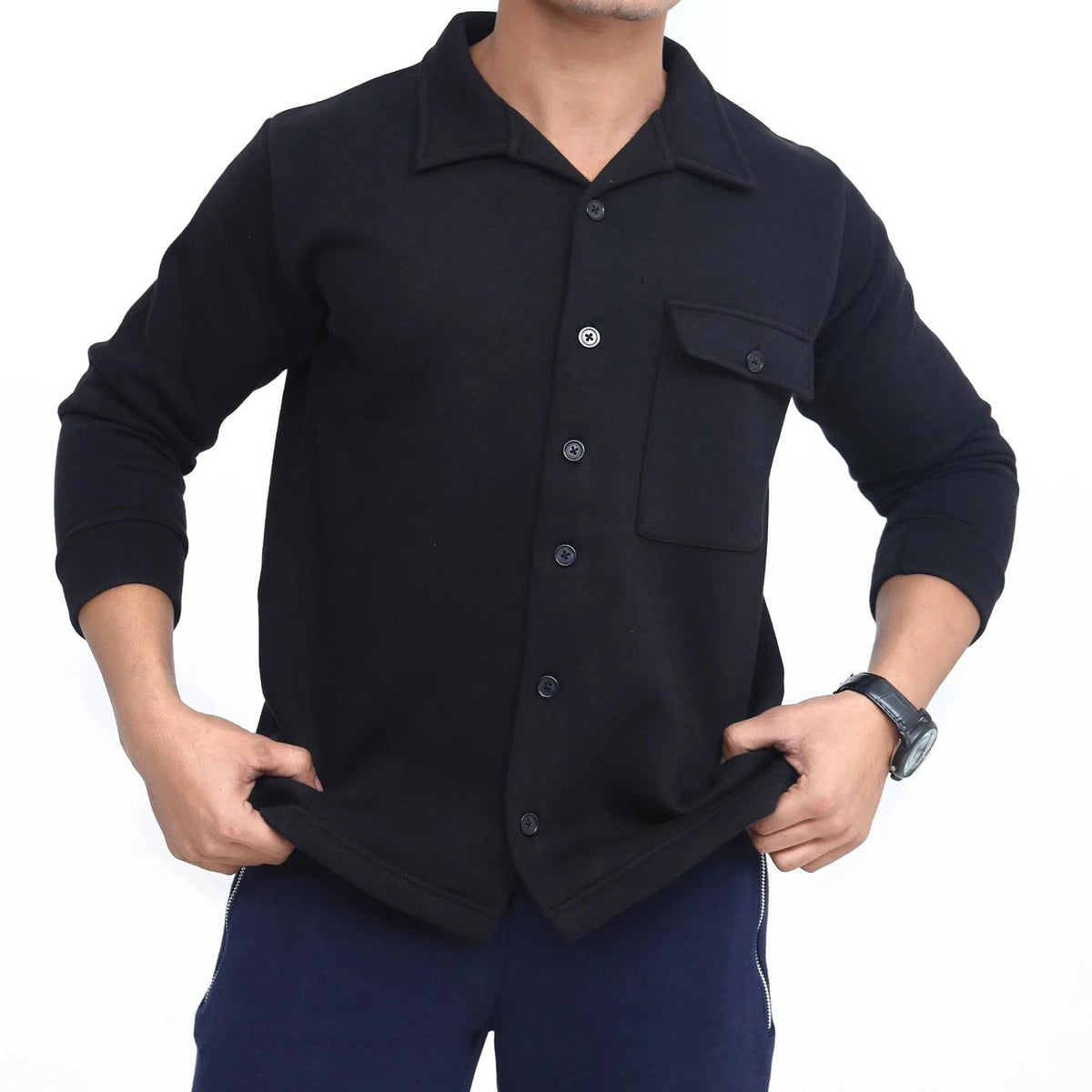 Men's Knit Overshirt Jacket Black Button-Down