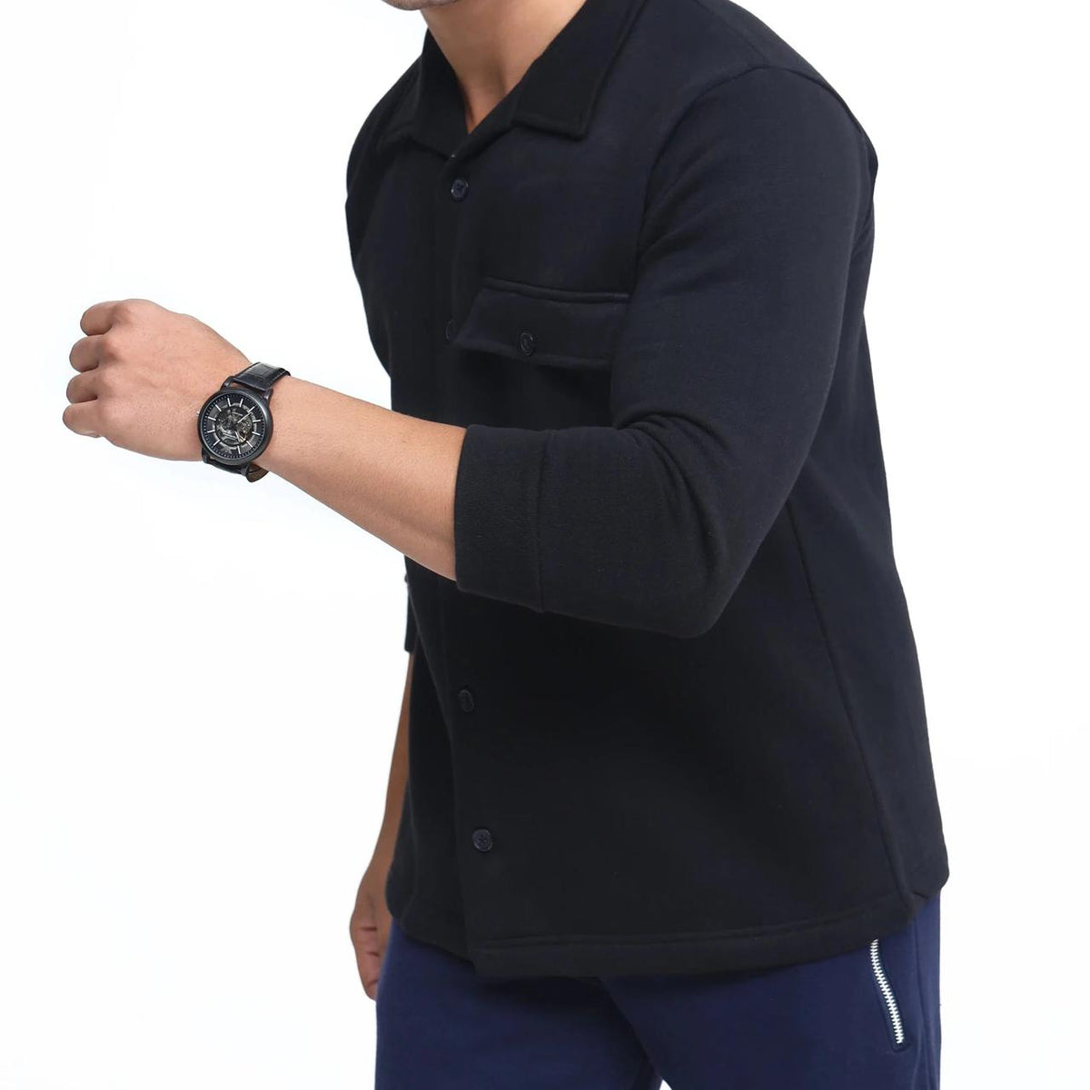 Men's Knit Overshirt Jacket Black Button-Down