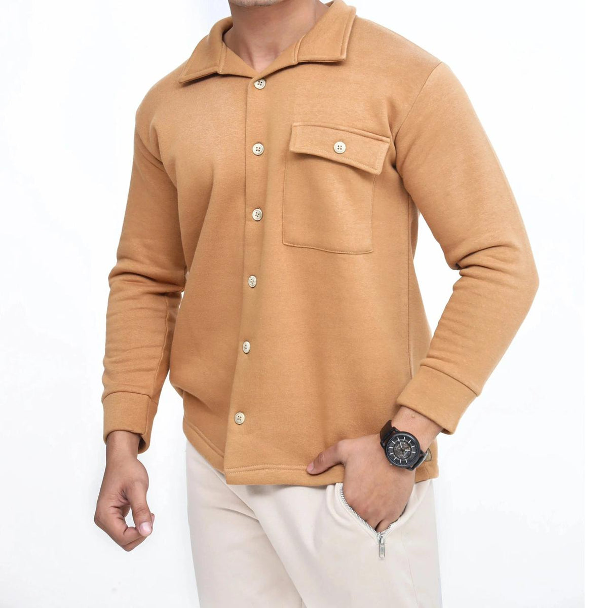 Men's Knit Overshirt Jacket Camel Button-Down