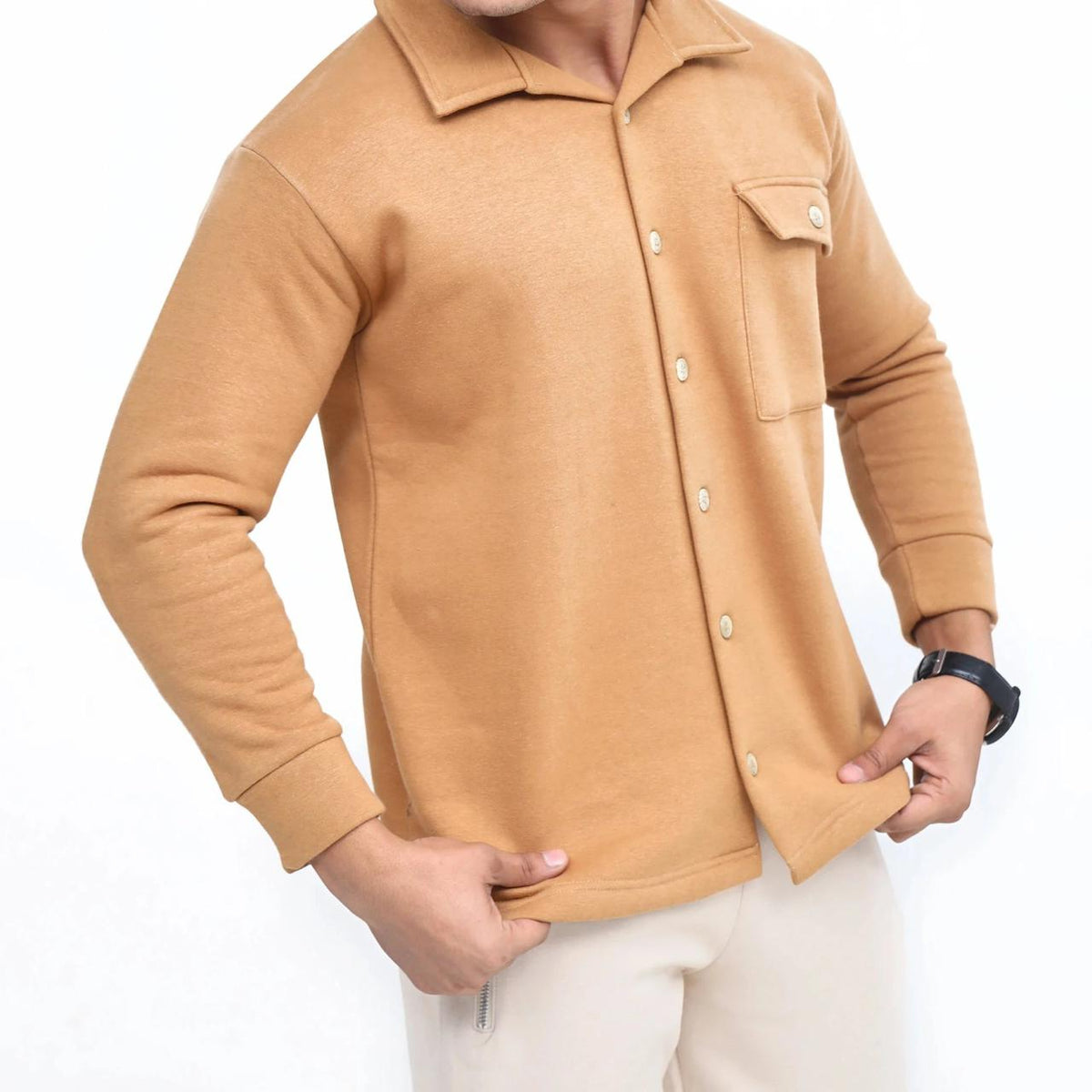 Men's Knit Overshirt Jacket Camel Button-Down