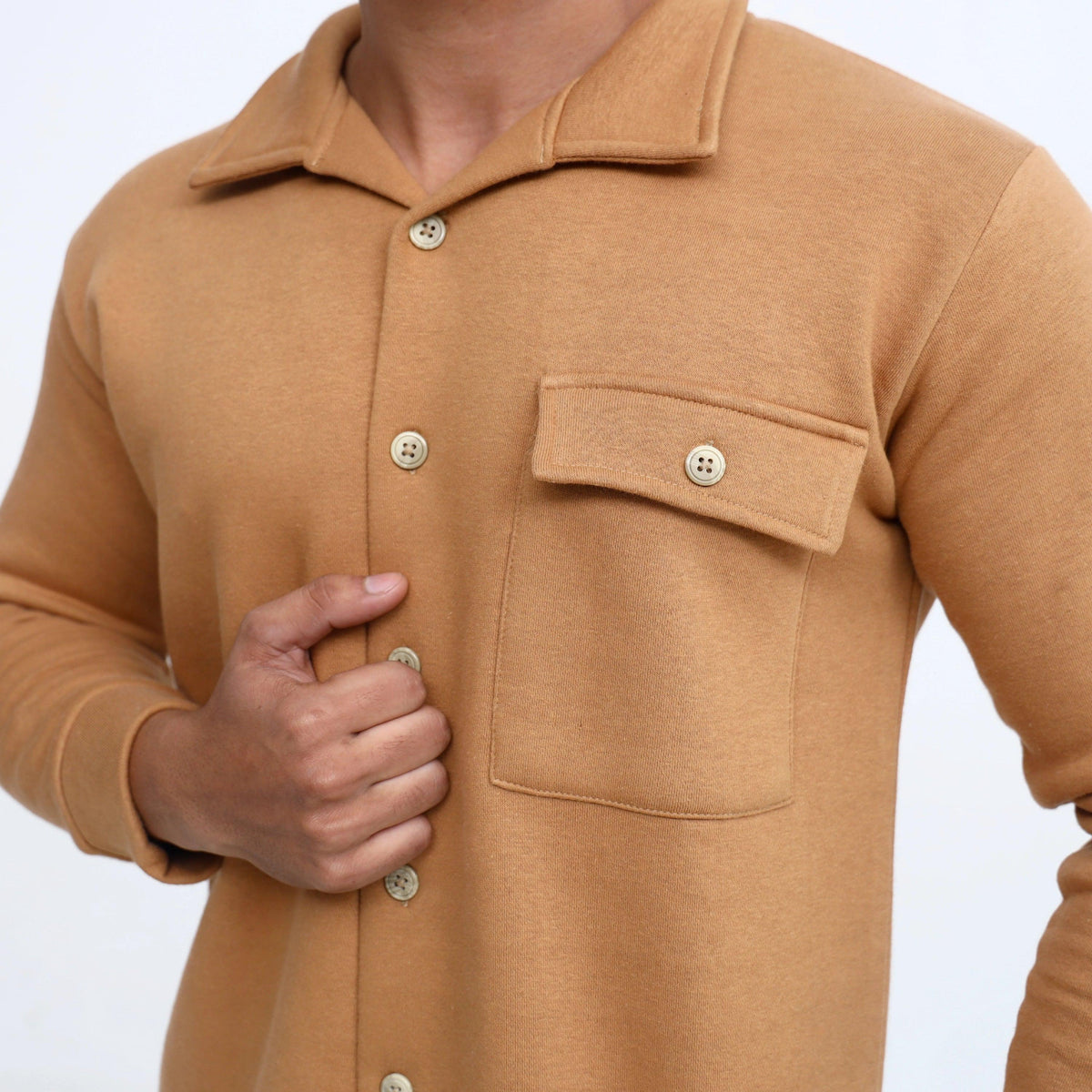 Men's Knit Overshirt Jacket Camel Button-Down